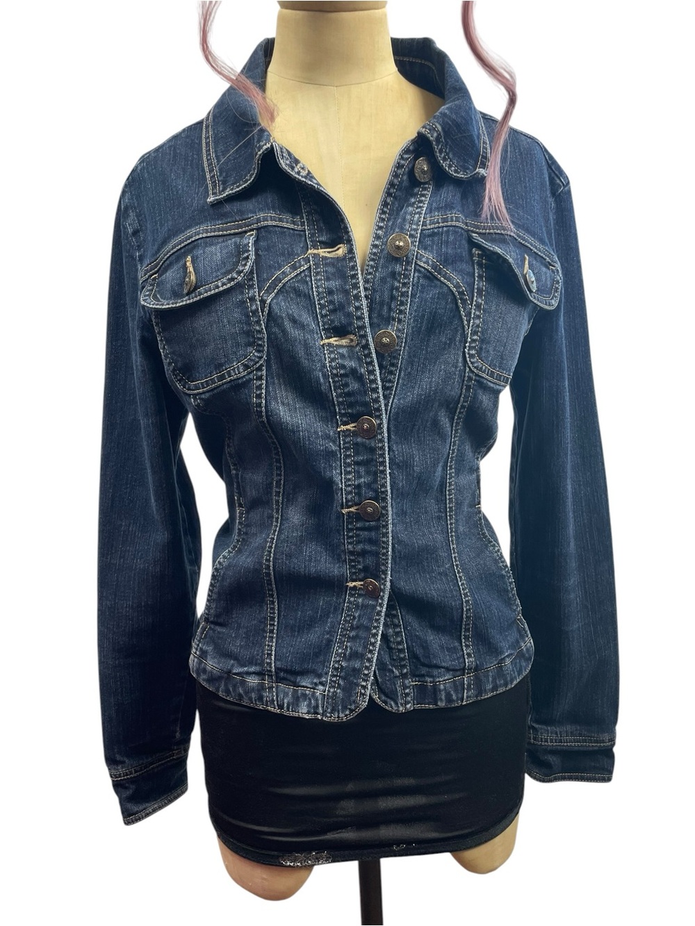 Y2K Kik It Jean Jacket Med Dark Blue Denim Casual Classic